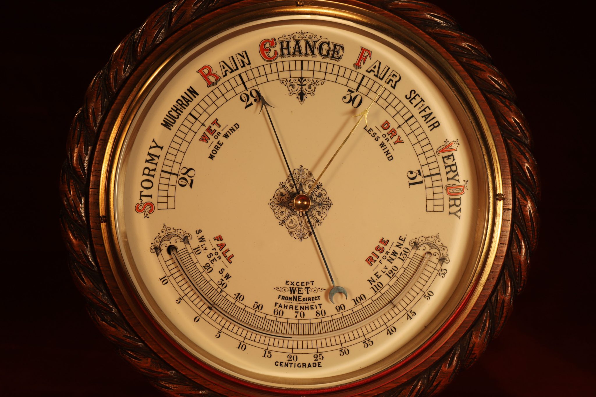 Image of Huge Victorian Aneroid Barometer & Thermometer c1885