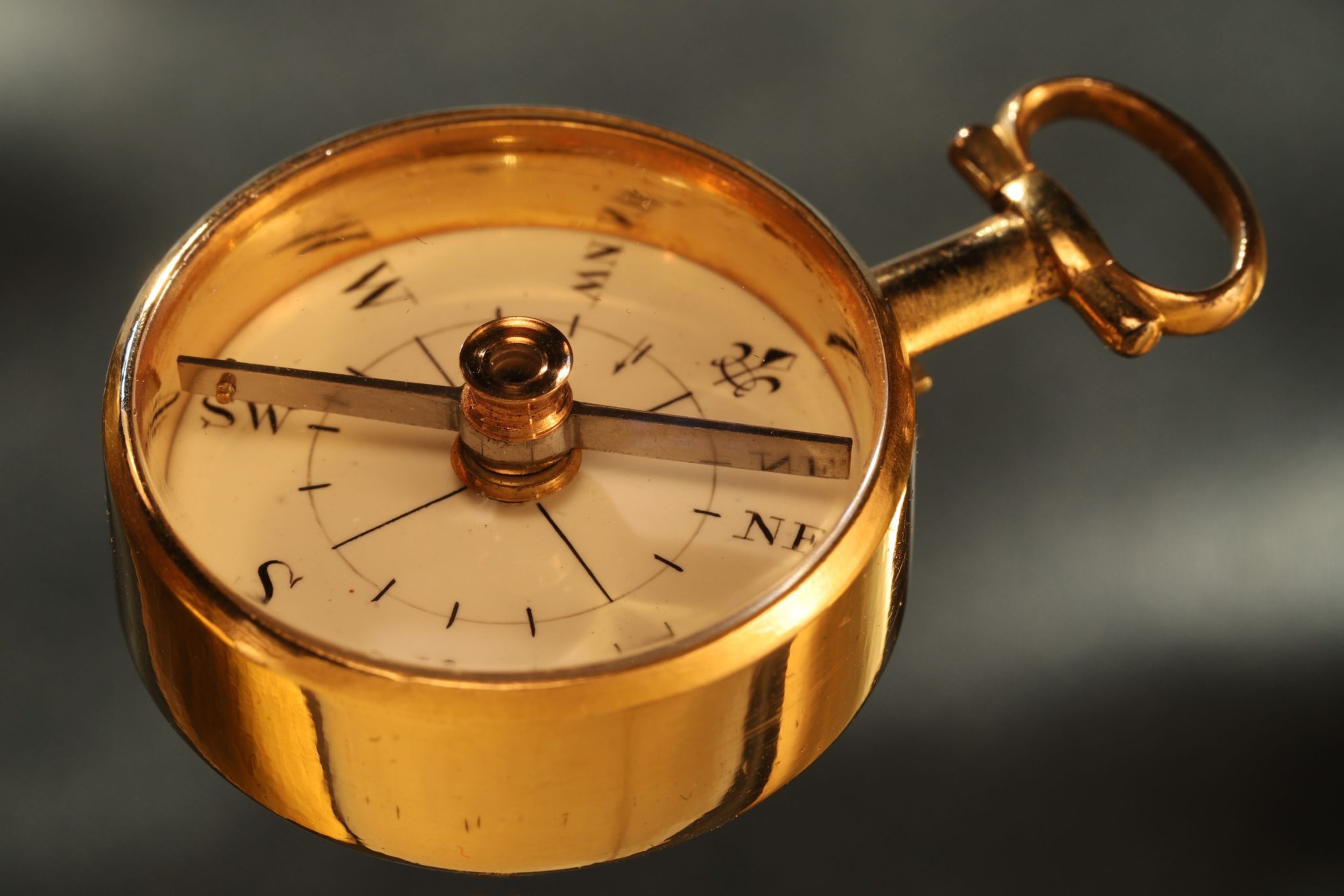 Image of Miniature Long Necked Gilt Brass Compass in Case c1800