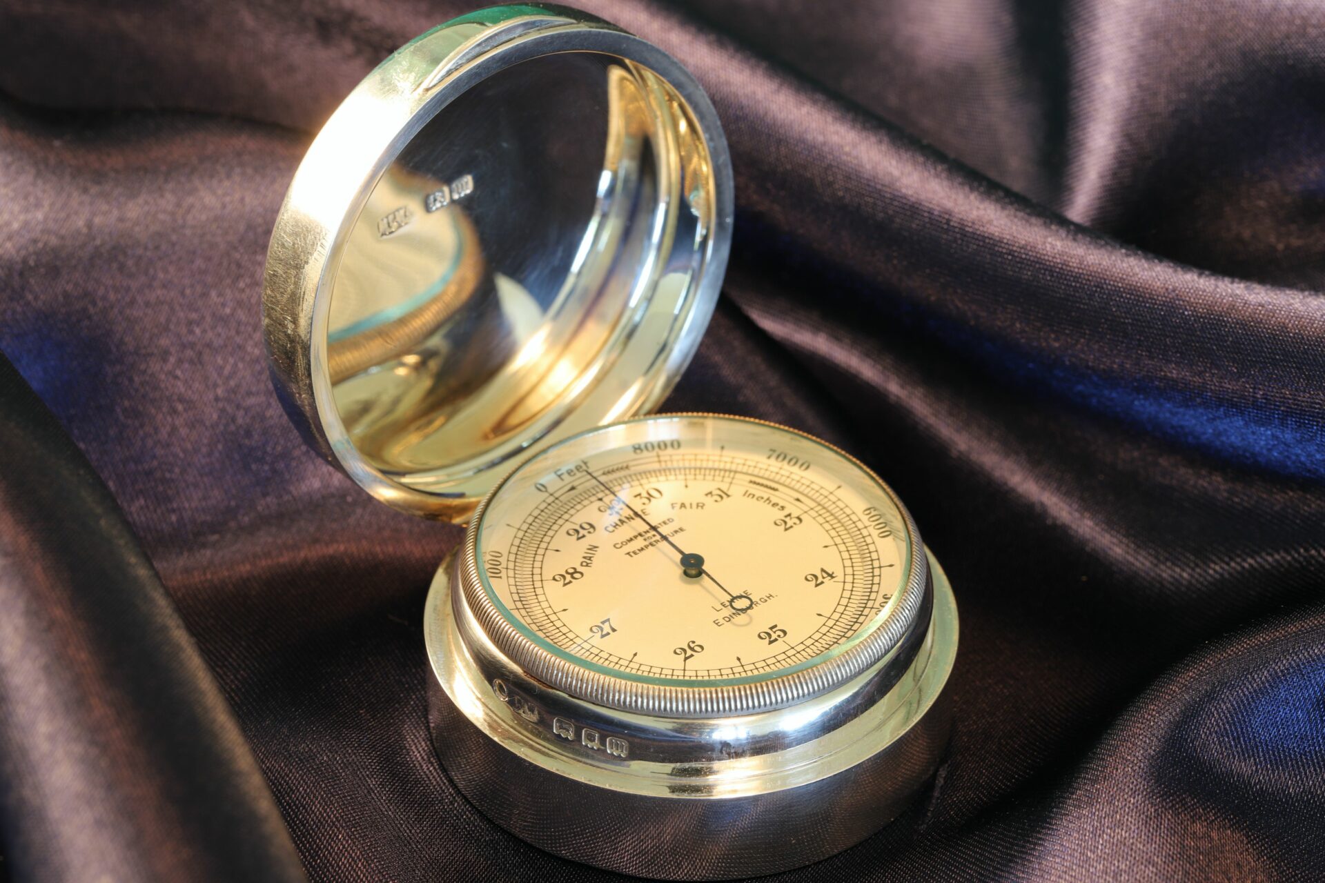 Negretti & Zambra Pocket Barometer in Silver Case by Mappin & Webb c1927 taken from lefthand side showing hallmarks