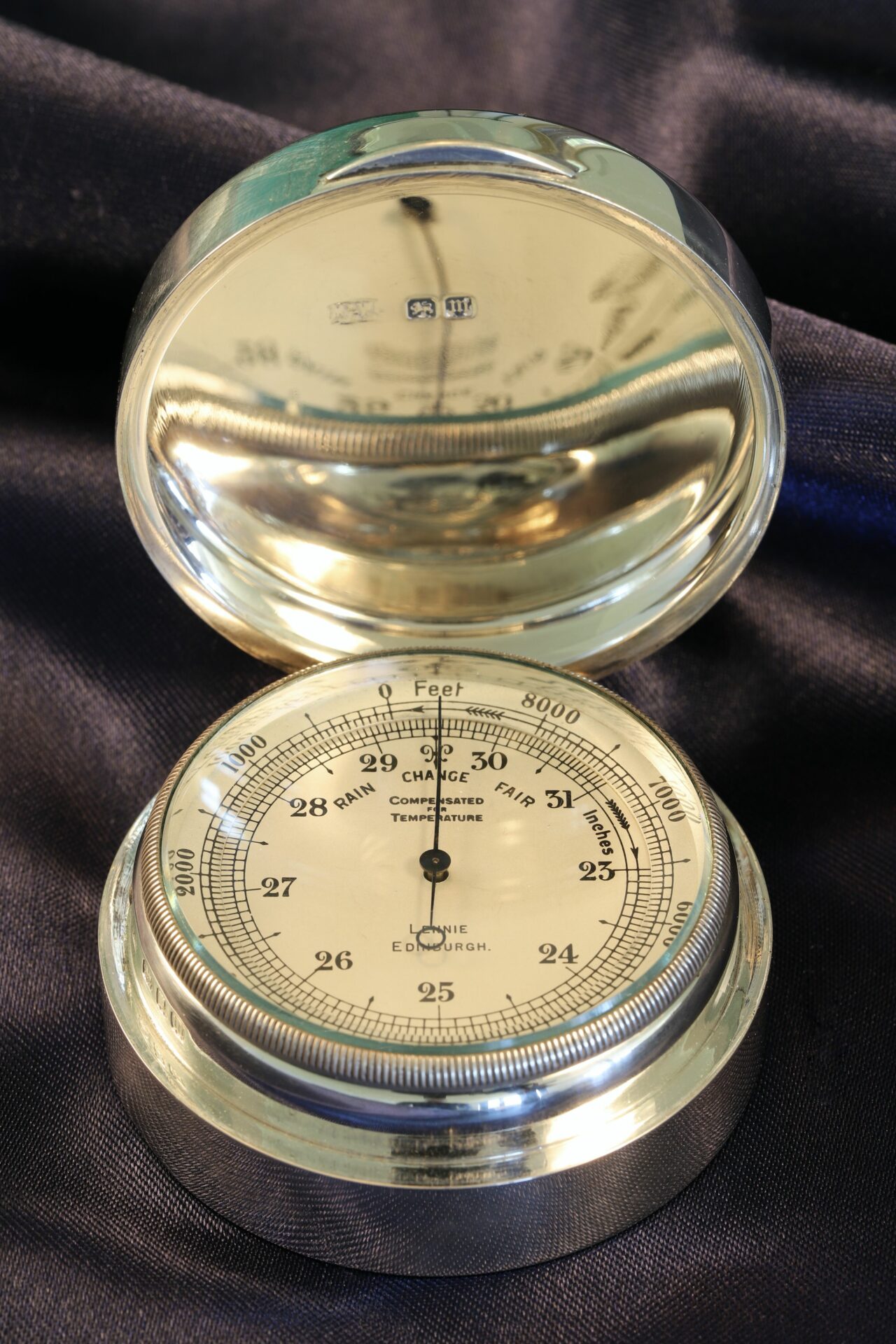 Negretti & Zambra Pocket Barometer in Silver Case by Mappin & Webb c1927 taken from front with lid further open showing hallmarks