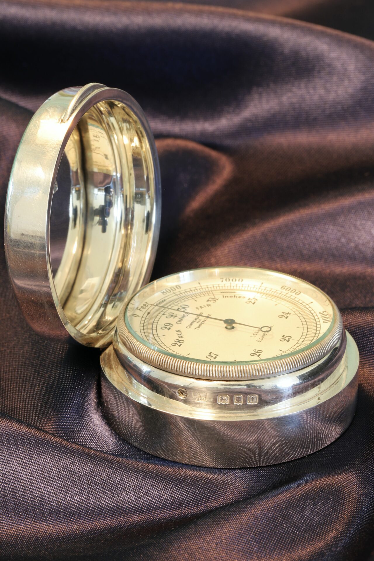 Negretti & Zambra Pocket Barometer in Silver Case by Mappin & Webb c1927 taken from lefthand side