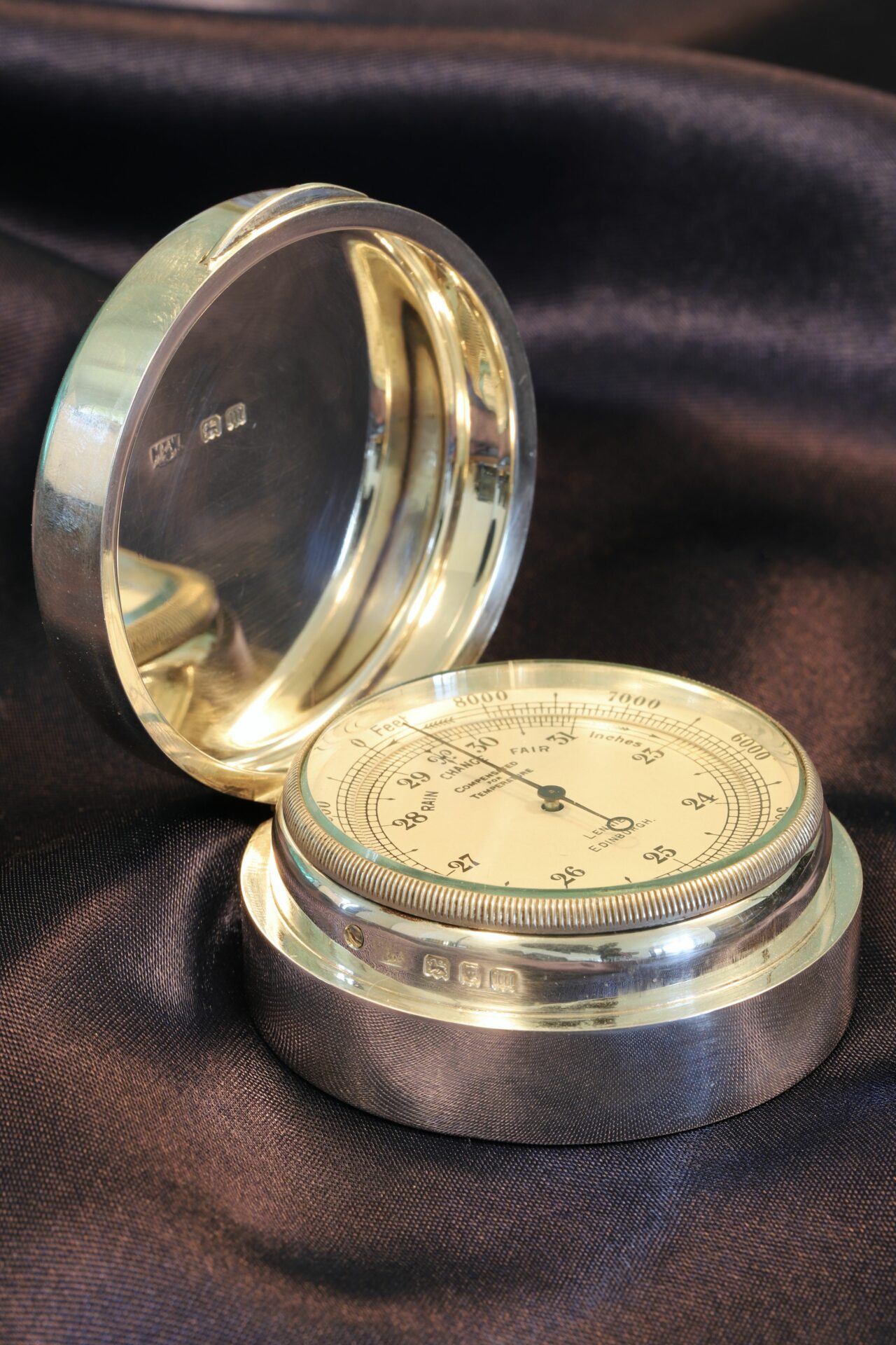 Negretti & Zambra Pocket Barometer in Silver Case by Mappin & Webb c1927 taken from front lefthand side