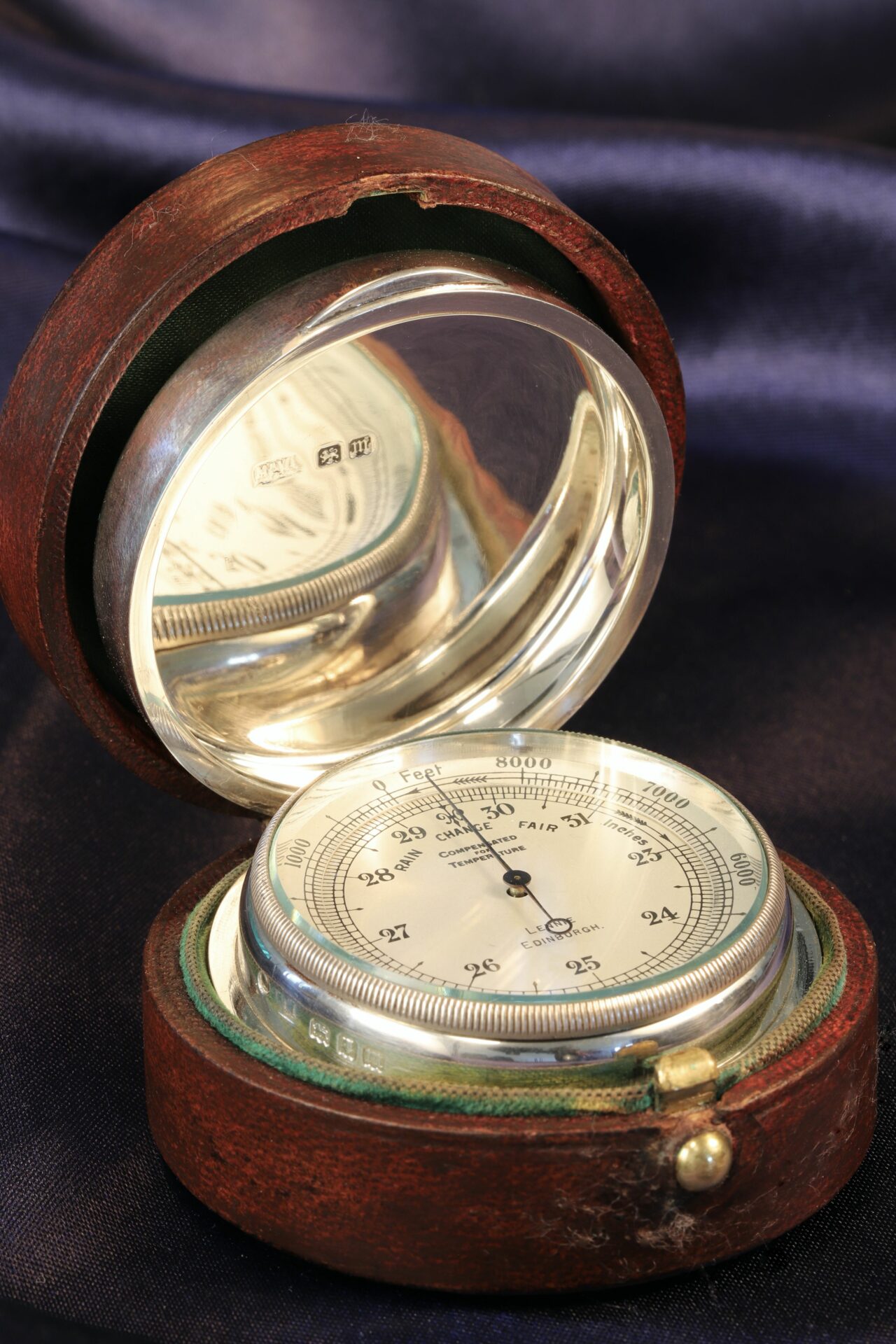 Travel case for Negretti & Zambra Pocket Barometer in Silver Case by Mappin & Webb c1927 showing barometer within