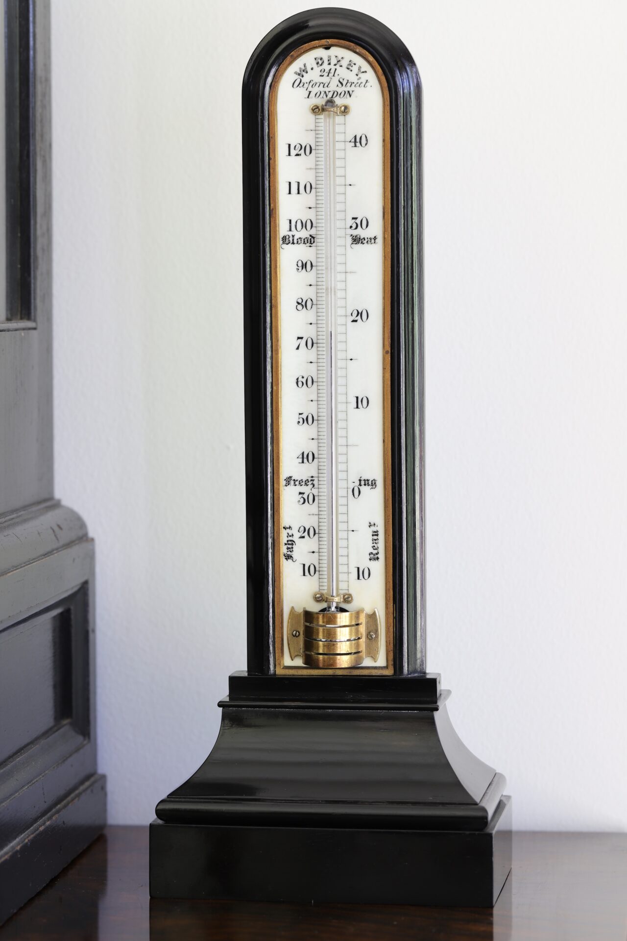 Front view of Victorian Thermometer in Ebony Case by William Dixey c1870
