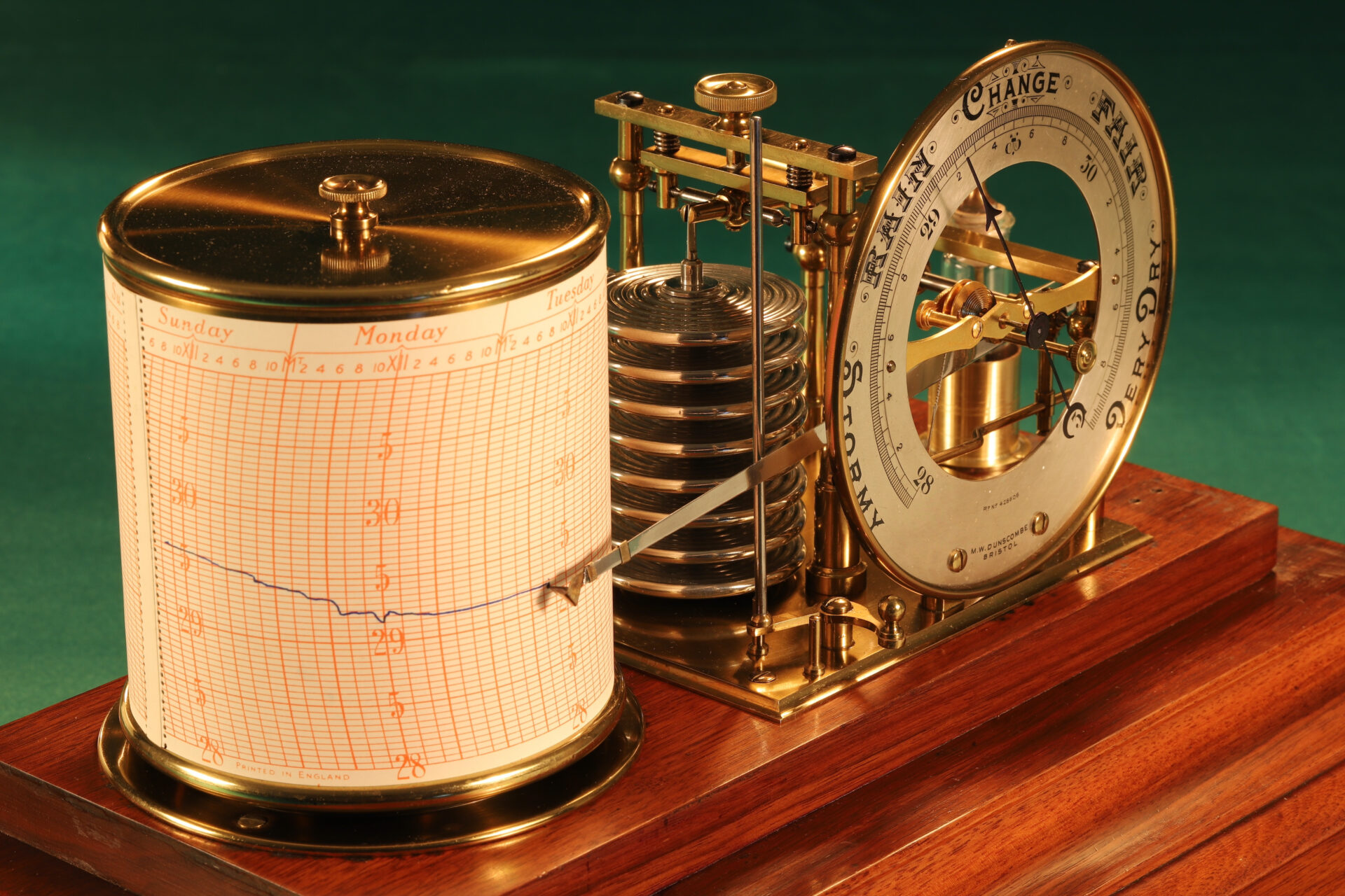 Image of Short & Mason Barograph Retailed by Dunscombe showing drum, dial and movement, taken from lefthand side