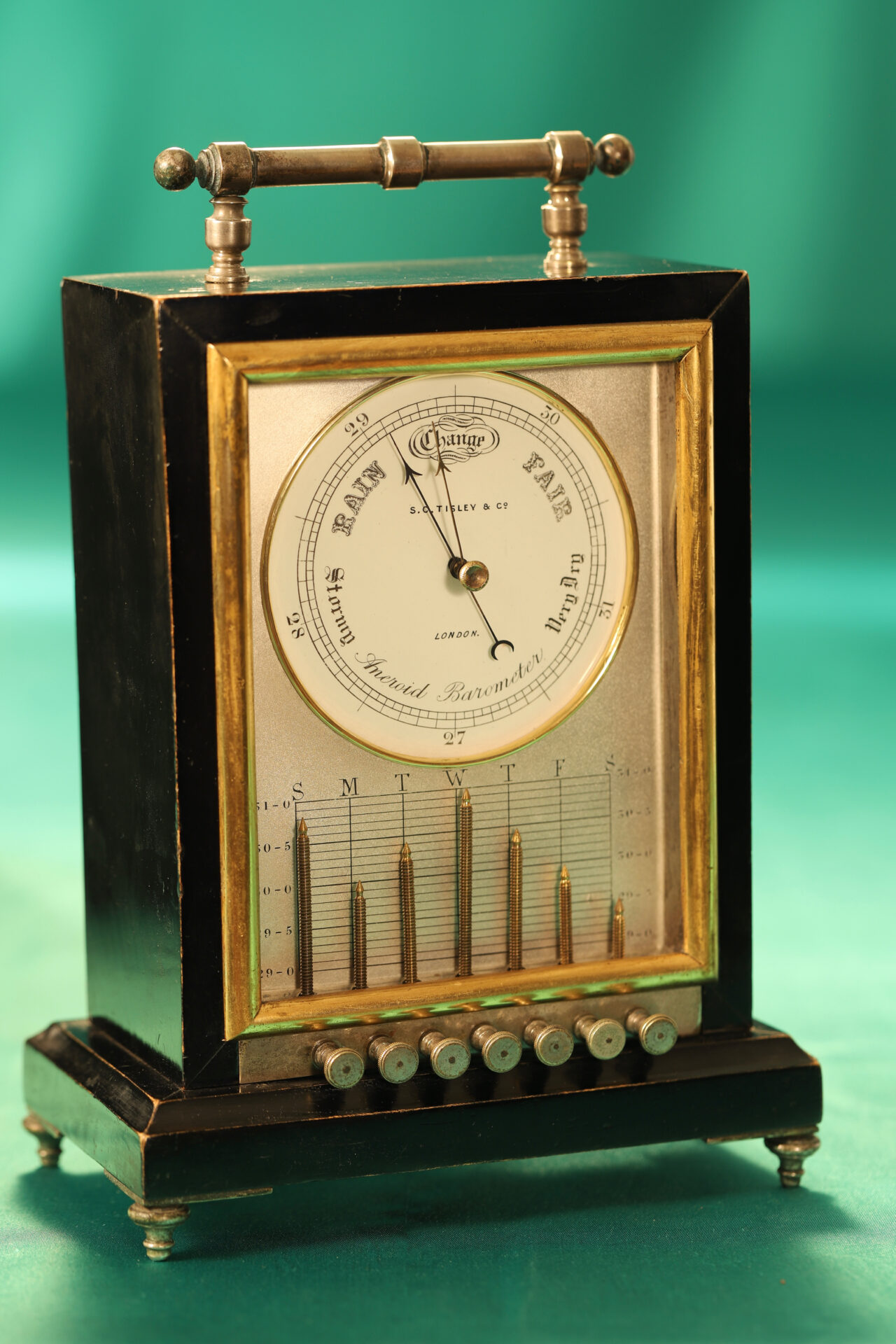 Image of front of Ebonised Recording Aneroid Barometer or Barograph c1878 taken from lefthand side
