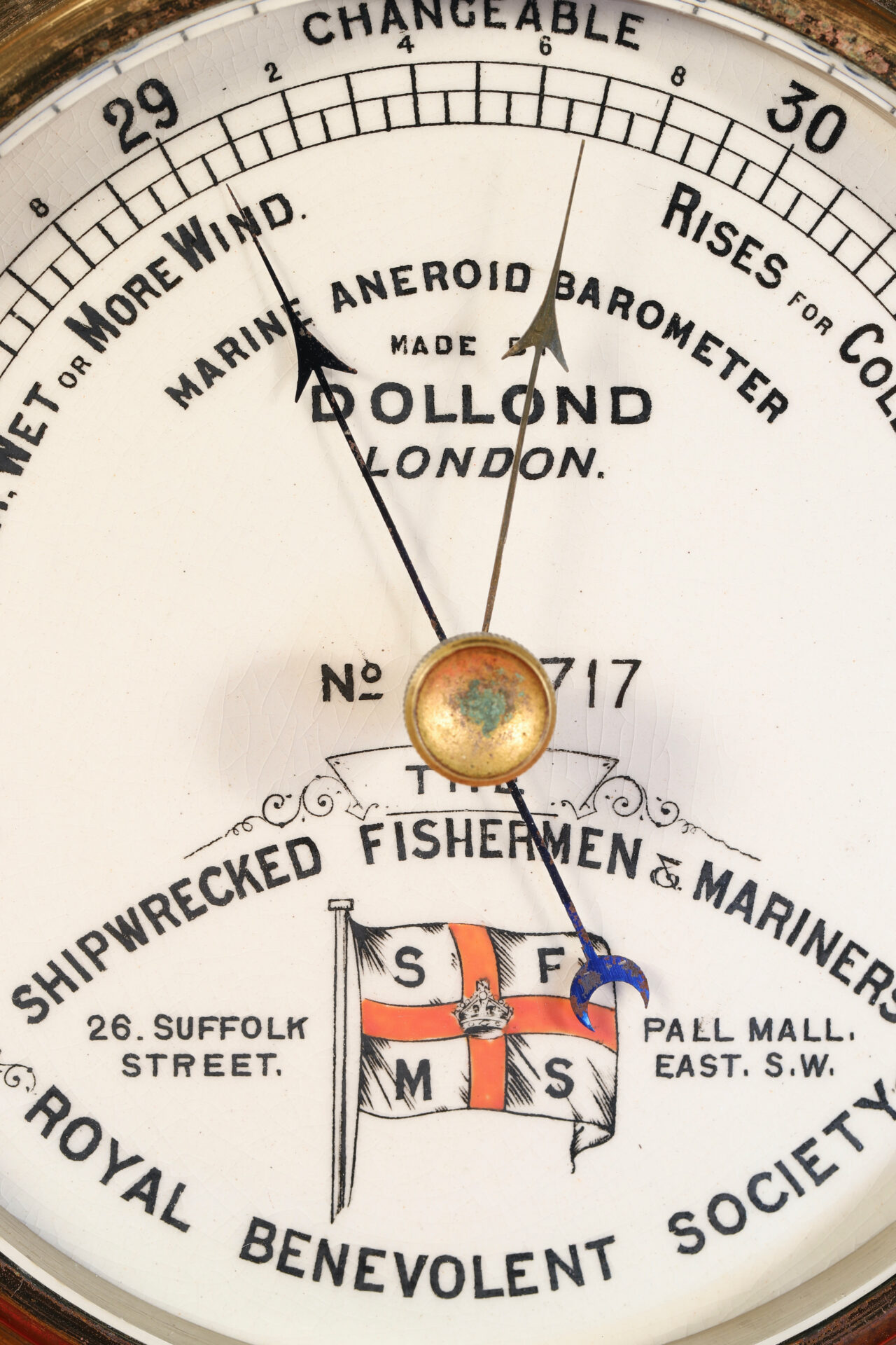 Close up of dial from Dollond Shipwrecked Mariners Society Barometer No 717 c1895