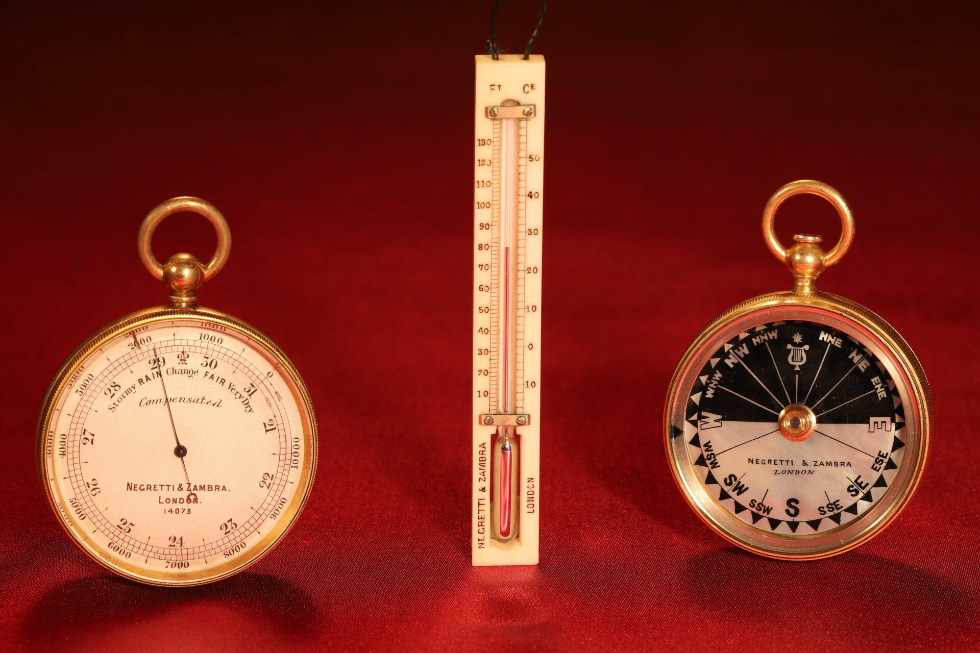 Image of pocket barometer, compass and thermometer from Negretti & Zambra Compendium Pocket Barometer Compendium No 14073 c1890