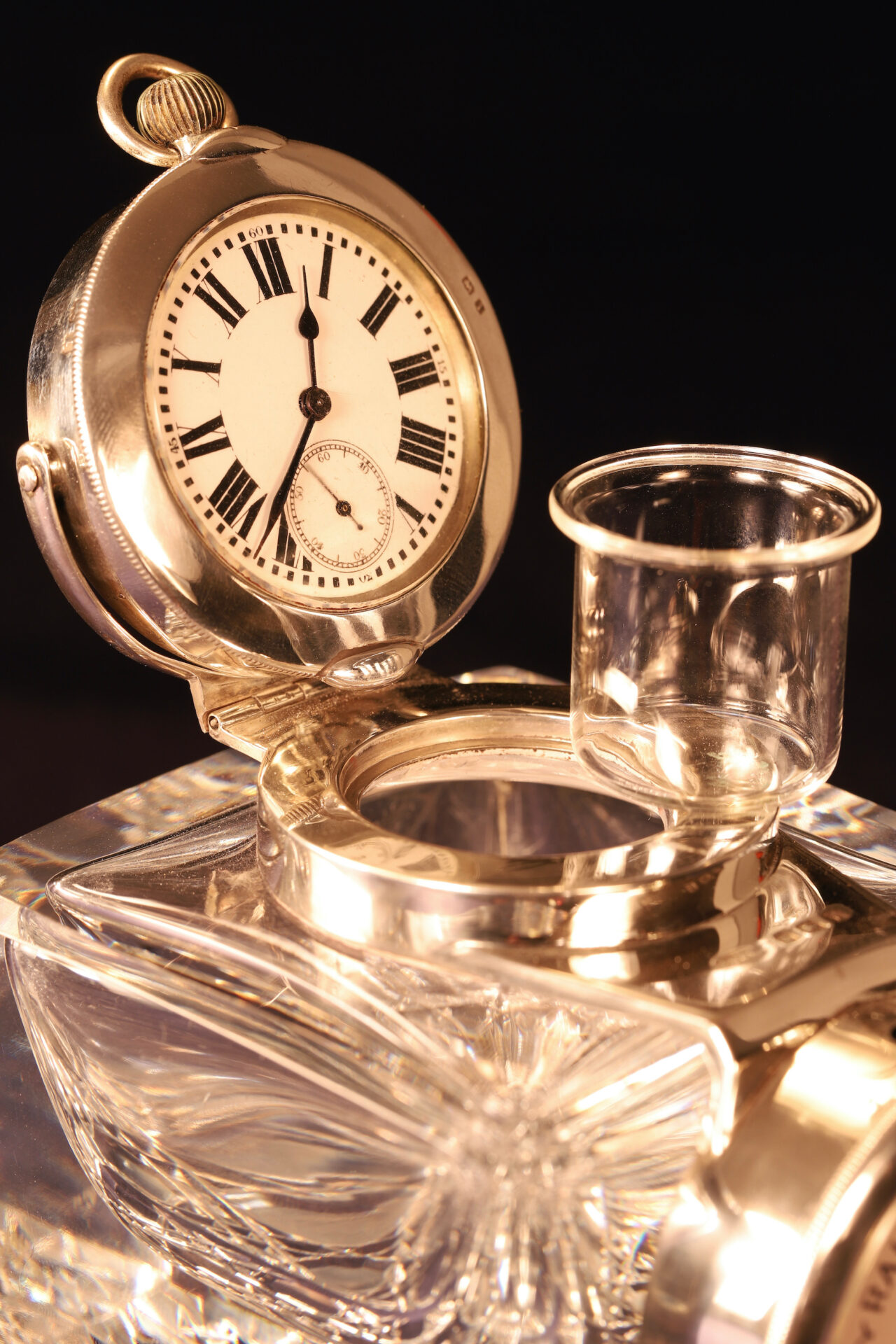 Image of open Cut Glass Inkwell Barometer Watch Compendium showing watch and liner