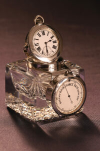 Image of open Cut Glass Inkwell Barometer Watch Compendium taken from lefthand side