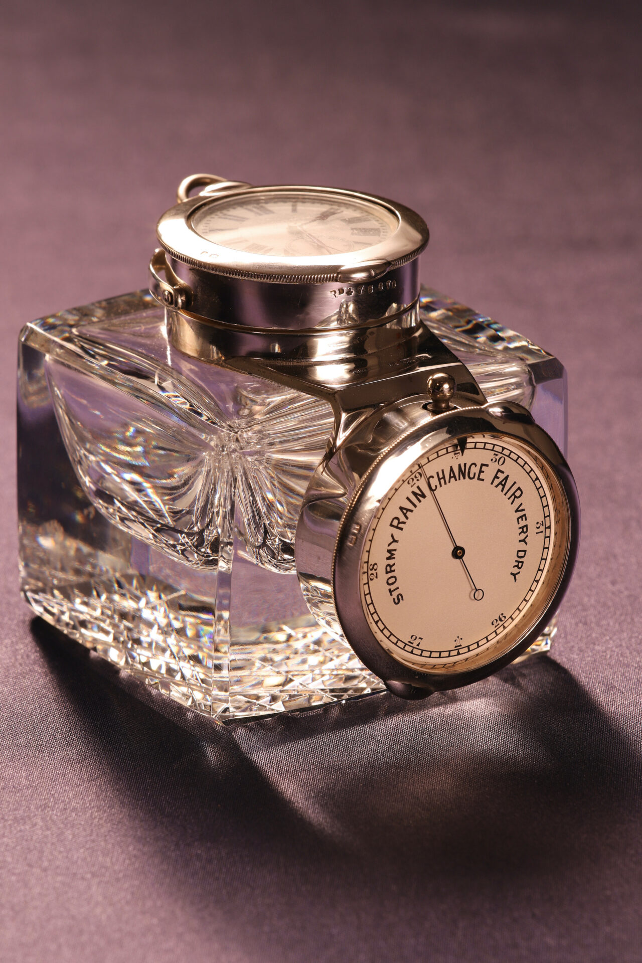 Image of closed Cut Glass Inkwell Barometer Watch Compendium taken from lefthand side