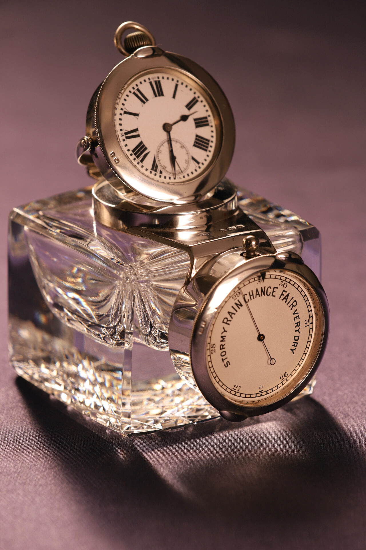 Image of Cut Glass Inkwell Barometer Watch Compendium taken from lefthand side