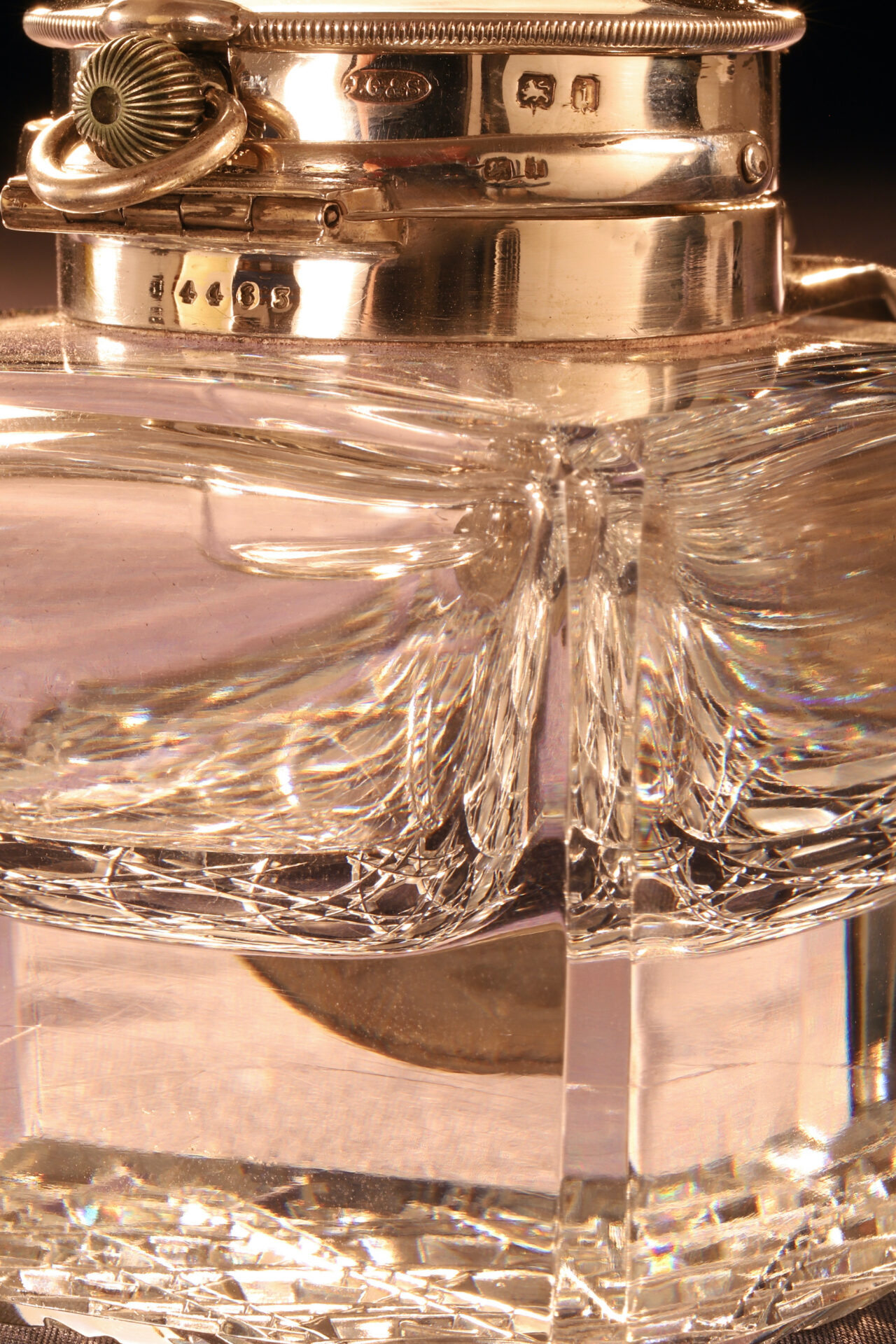 Close up of closed Cut Glass Inkwell Barometer Watch Compendium