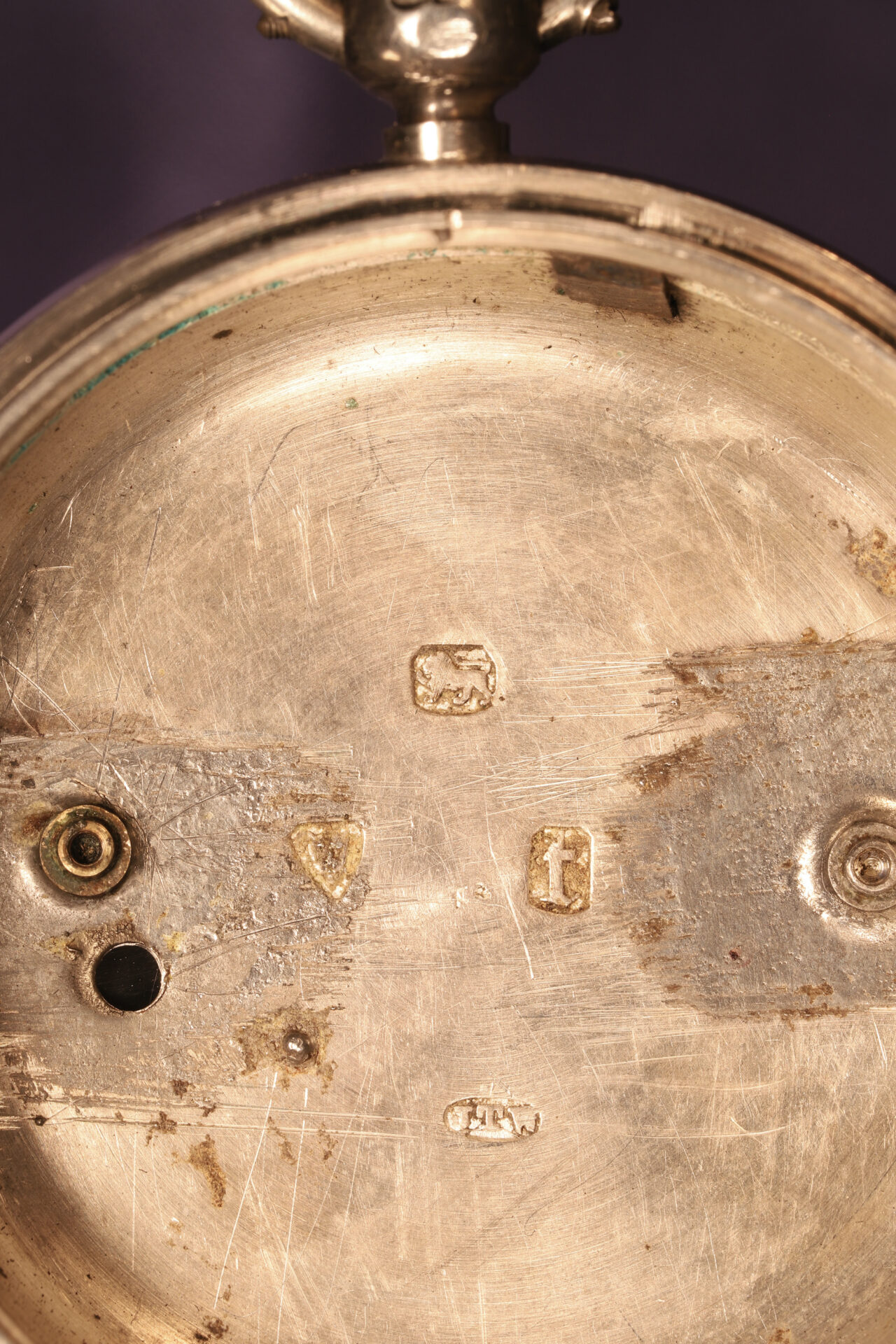 Close up of interior of Casella Silver Pocket Barometer No 2013 showing hallmarks