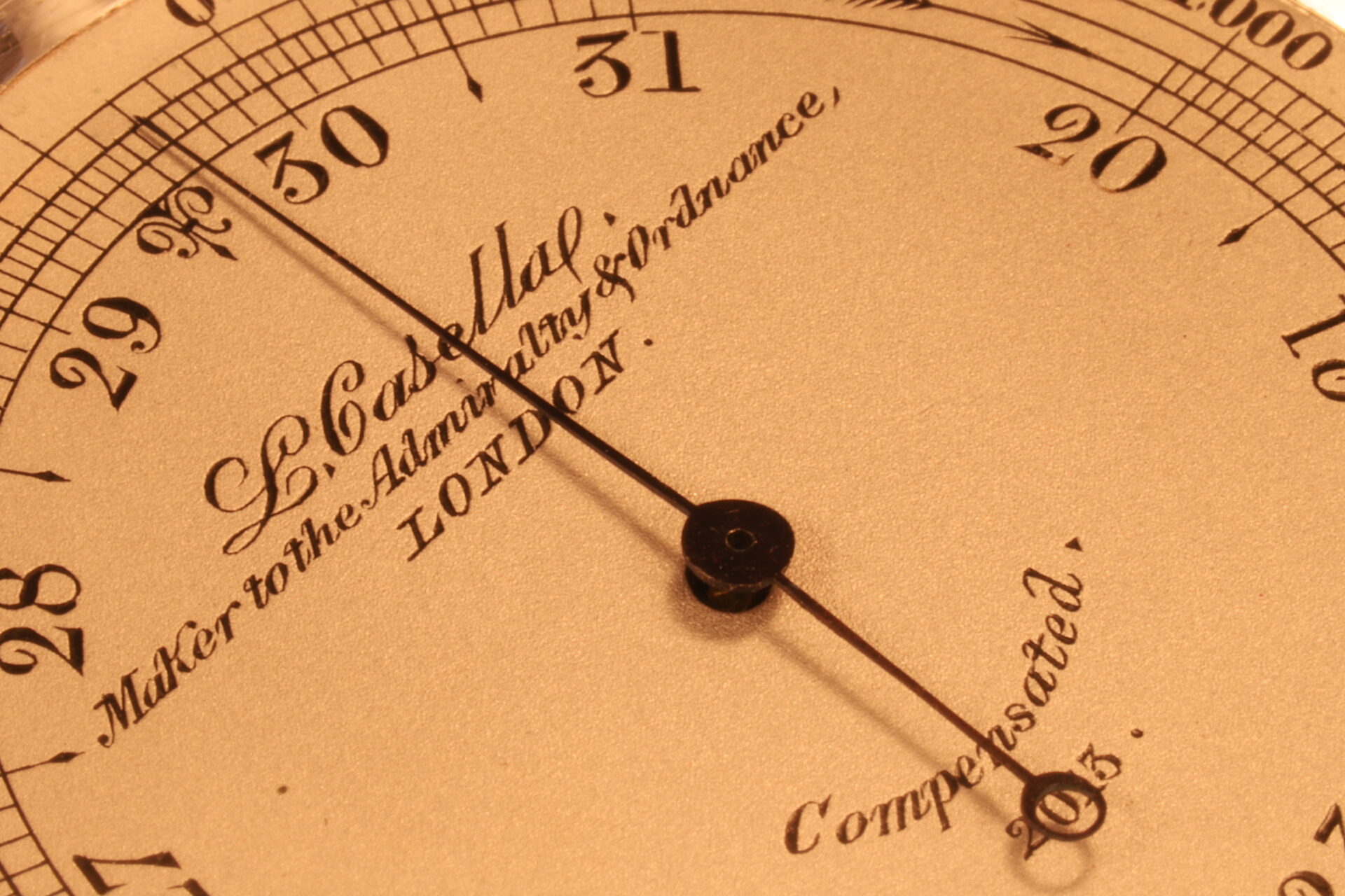 Close up of dial of Casella Silver Pocket Barometer No 2013