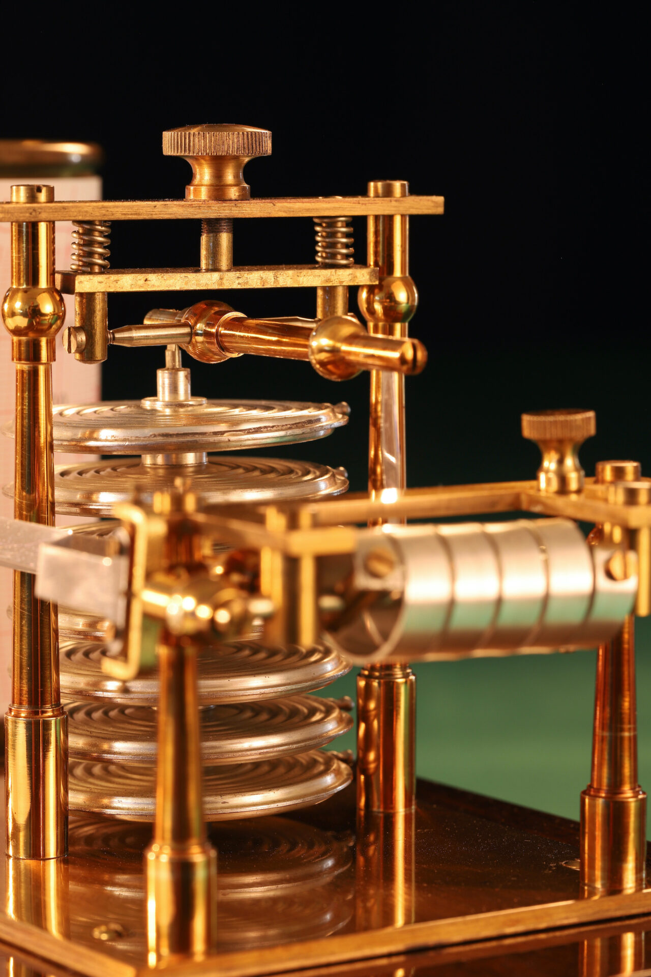 Close up of barometer movement of barothermograph from the righthand side