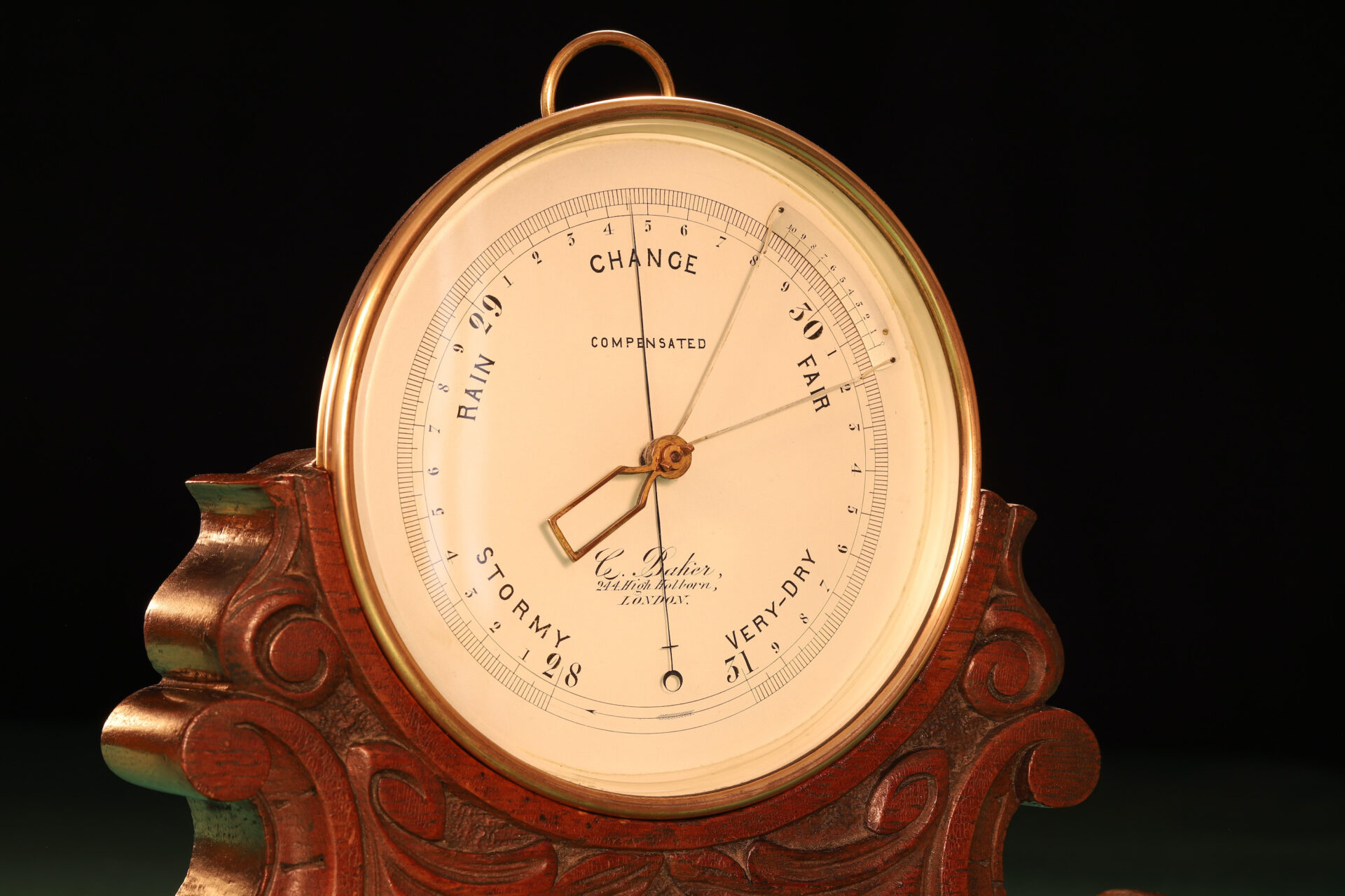 Image of dial of Charles Baker Mantle Barometer c1909 taken from lefthand side