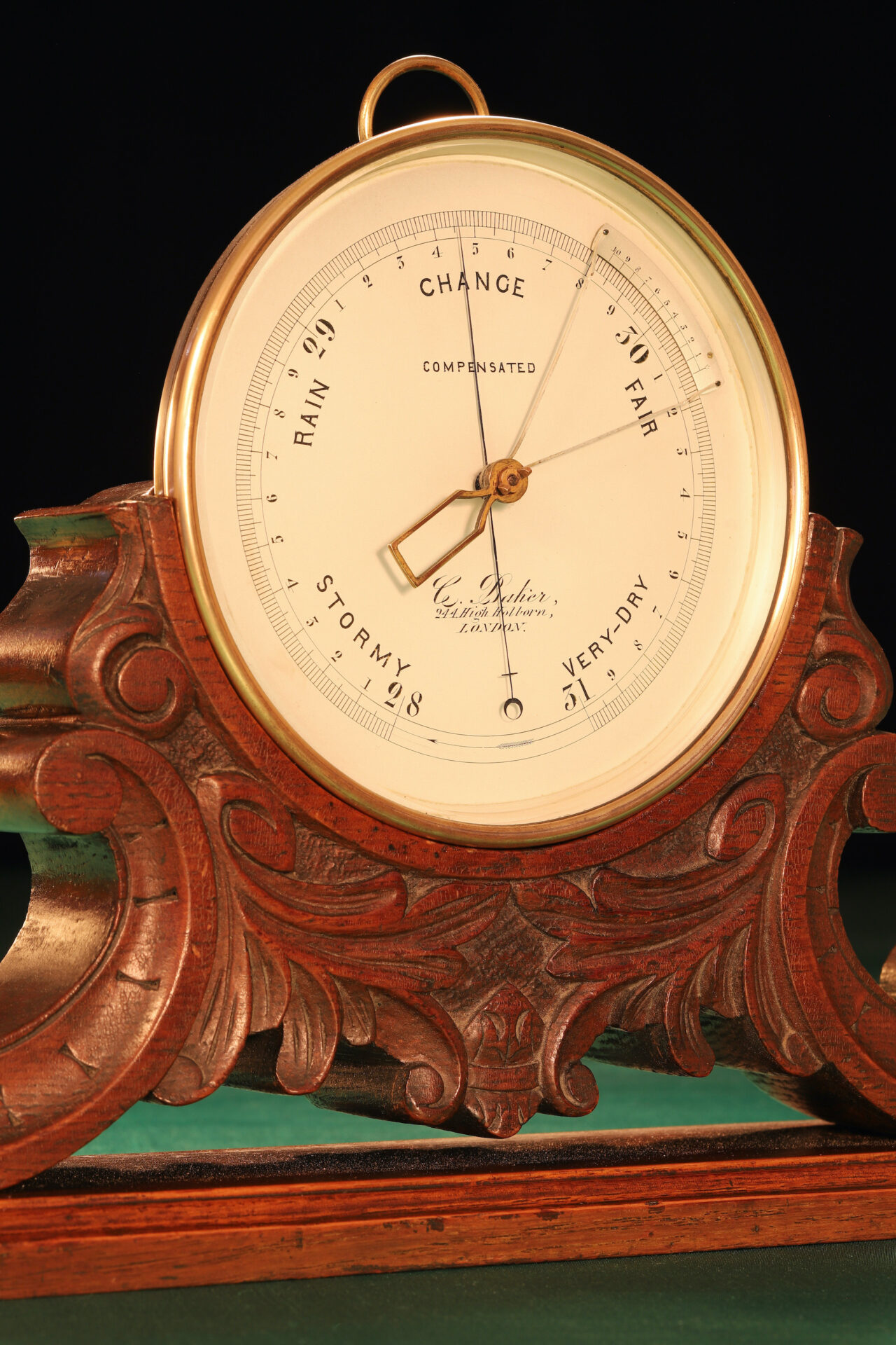Close up of dial of Charles Baker Mantle Barometer c1909