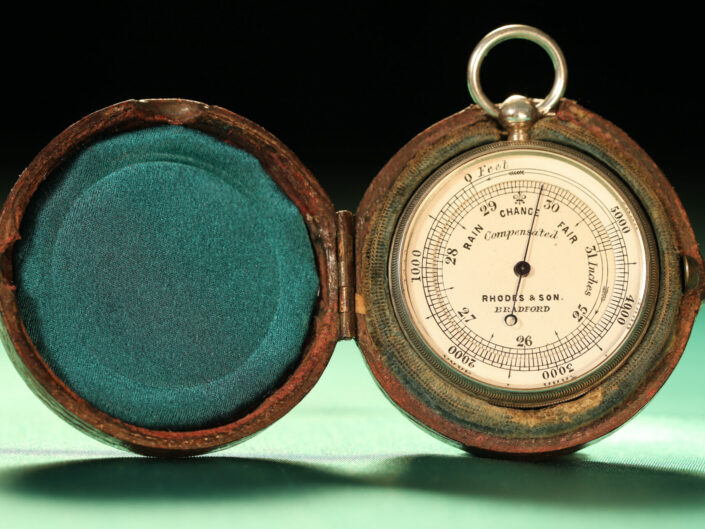 MINIATURE SILVER POCKET BAROMETER WITH CASE BY RICHARD OLIVER c1879