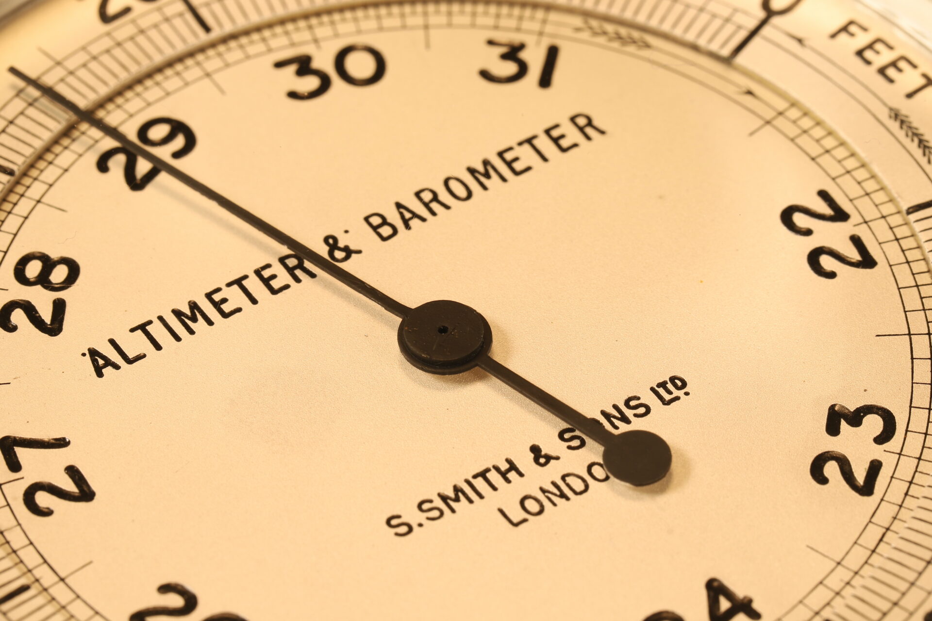 Close up of dial from Smith & Sons Altimeter & Barometer c1920
