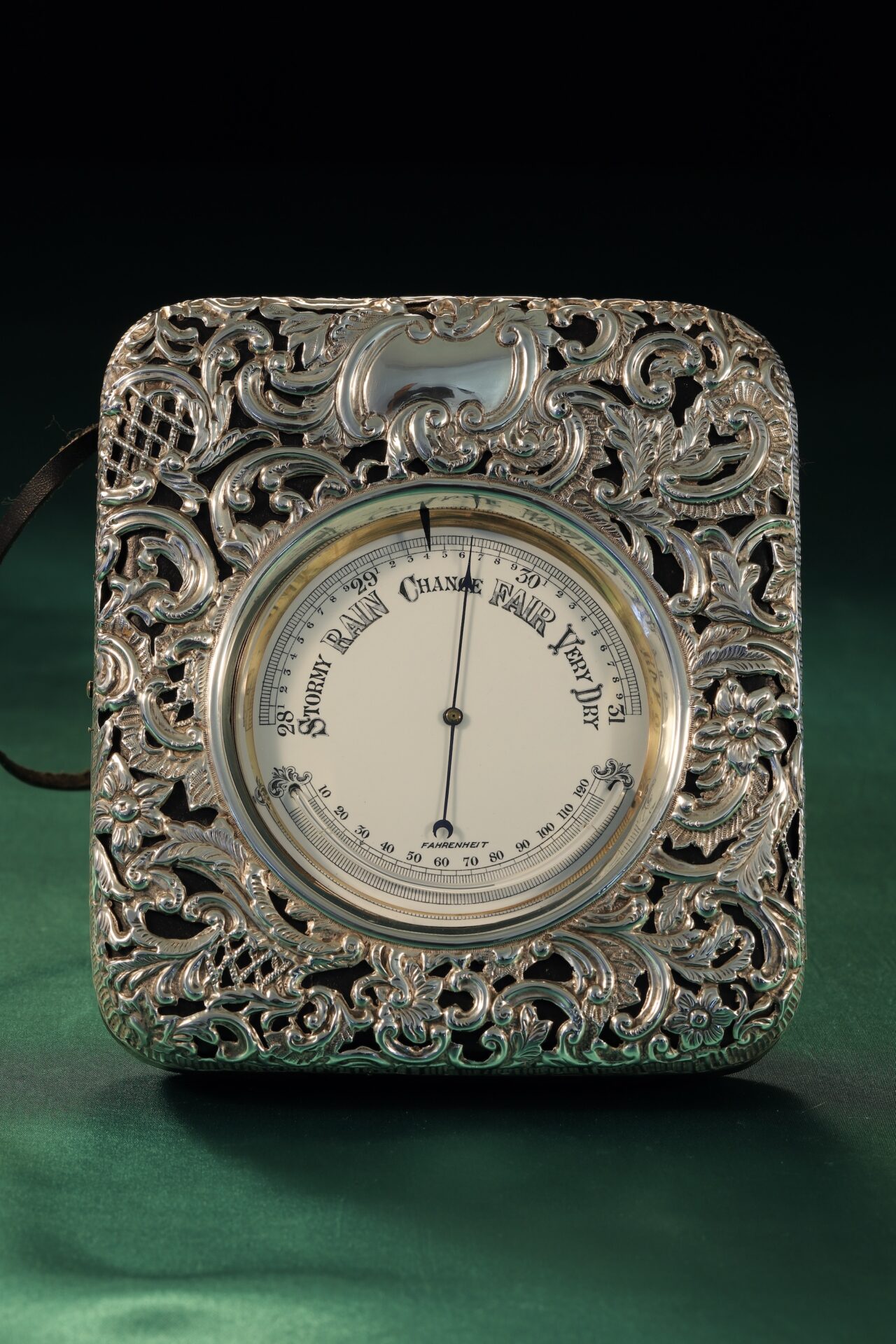 VERY LARGE SILVER FRONTED DESK BAROMETER BY HENRY MATTHEWS c1903