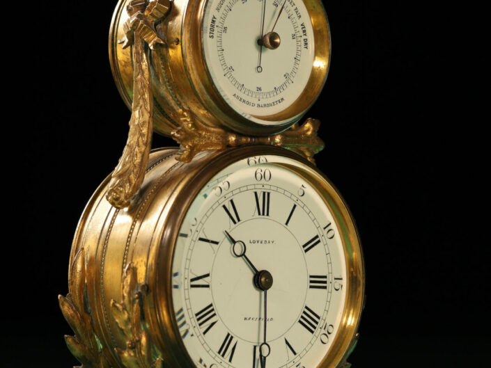 FRENCH MANTLE OR BOUDOIR CLOCK BAROMETER RETAILED BY LOVEDAY c1860 – Sold
