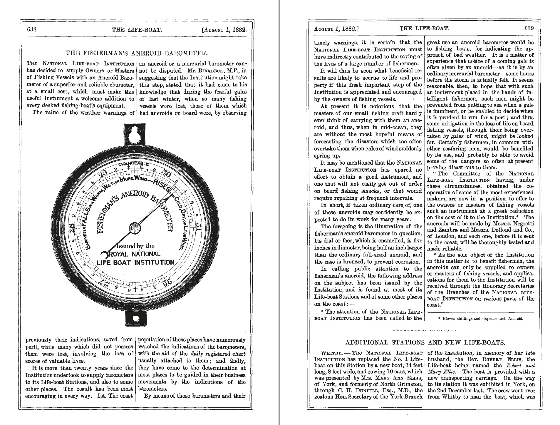 RNLI Fishermans Aneroid Marine Barometer Announcement 1882