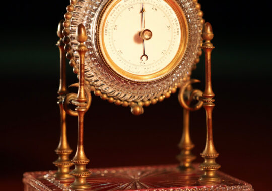 VERY UNUSUAL FACETED GLASS AND ORMOLU MANTLE BAROMETER c1860