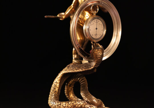 BRONZE INKWELL DESK STAND BY BENJAMIN HAWKINS c1850 WITH MINIATURE 18ct GOLD POCKET BAROMETER