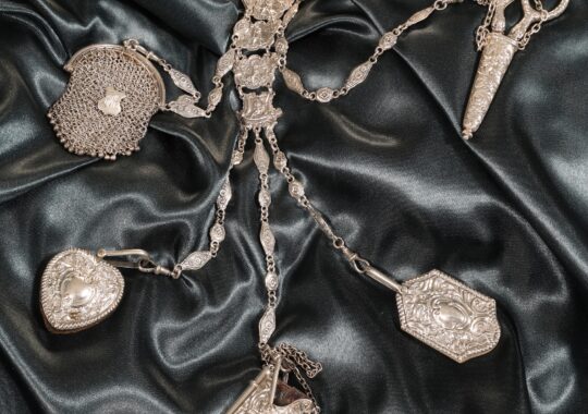 ANTIQUE SILVER CHATELAINE WITH NEO-CLASSICAL THEME BY LAWRENCE EMANUEL c1888 – SOLD